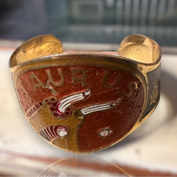 Vintage Brass Hand Painted TAURUS Zodiac Cuff Bracelet Astrology - Picture 1 of 10